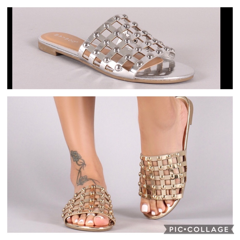 Bamboo Womens Studded Slides / Slip On Silver Sz 6